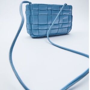 Zara Sheep Leather Quilted Plaited Leather Crossbody Bag in blue NWT